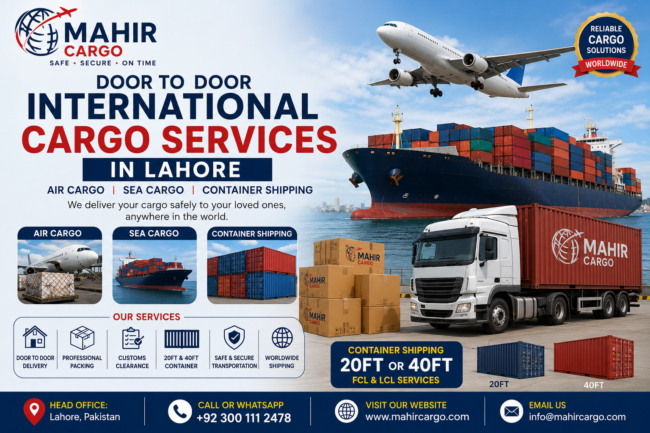 Mahir Cargo International Cargo Services in Lahore Alt Text: International cargo services in Lahore by Mahir Cargo featuring air freight, sea freight, container shipping, cargo ship, airplane, truck, and worldwide logistics solutions.